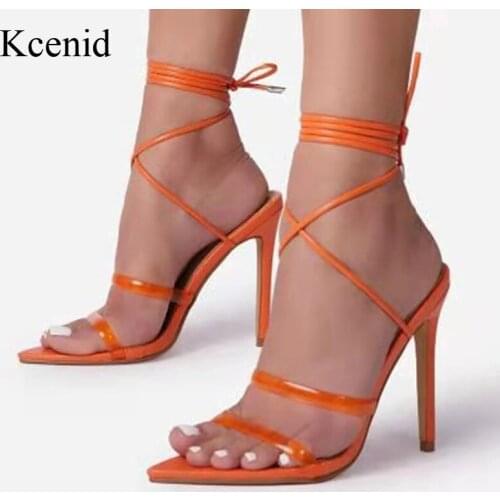 Kcenid New Fresh Orange Lace Up Sexy Sandals for Women Summer High Heels Shoes Pointed Toe Party Dress Pumps Big Size 41 42