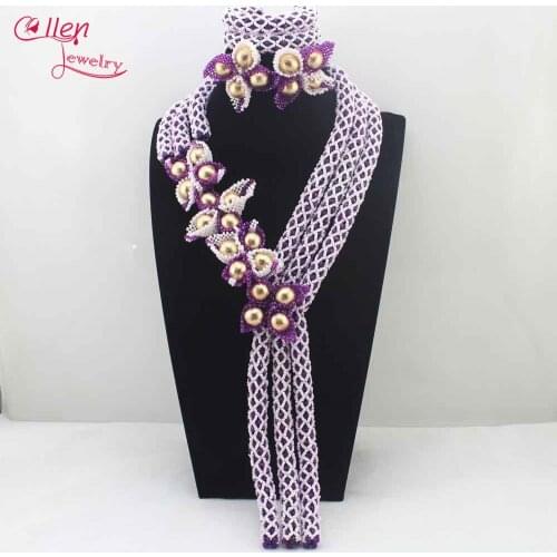 New Fabulous White/Purple Wedding African Beads Jewelry Set Indian nigerian wedding Beaded Anniversary Party Jewelry Set L0067