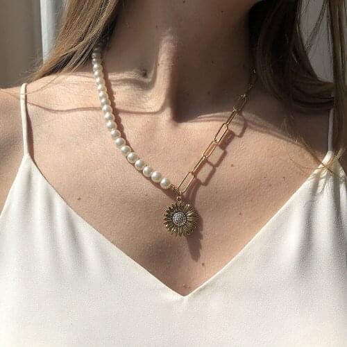 Necklace for Women Fashion Pearl Beads Chain Women Sunflower Pendants Necklace Women Jewelry Accessories
