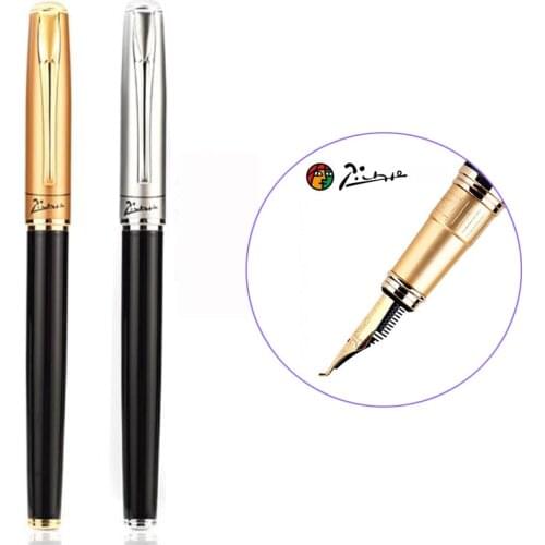 Picasso 906 Athens Dynasty Fine Nib / Calligraphy Bent Nib Fountain Pen Black With Noble Golden & Silver Cap For Best Stationery