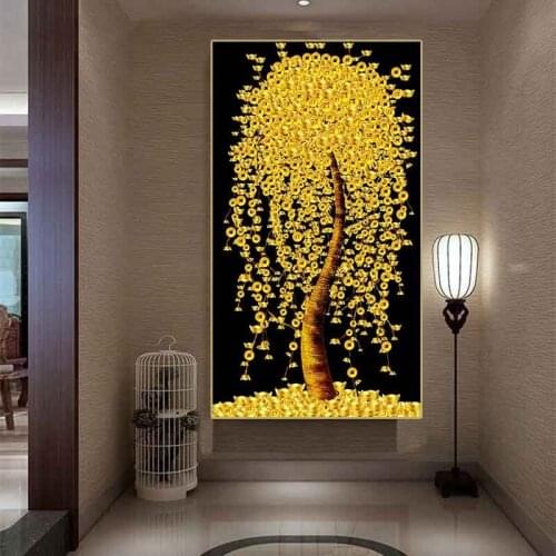 Modern Golden Money Tree Oil Painting Canvas Leaves Art Wall Picture Nordic Print Bedroom Living Room Home Decor Poster Art