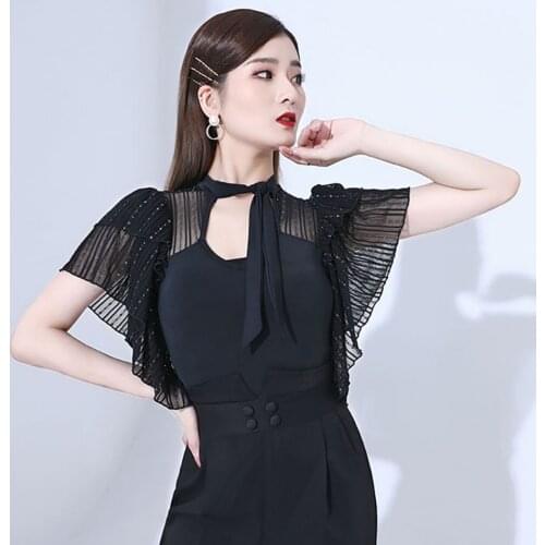 L2188A Latin Dance Tops Women Patchwork Yarn Sleeve Design Latin Dance Tops for Modern Ballroom Dancing Performamnce