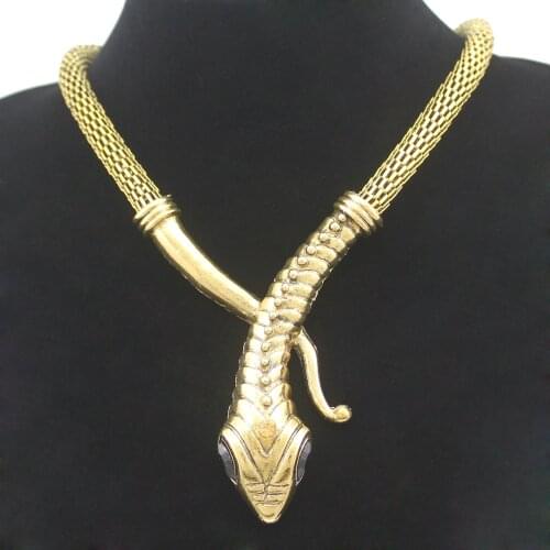 Vintage Gold Egyptian Cleopatra Snake Serpent Mesh Chain Crystal Gem Eyes Statment Choker Bib Maxi Jewelry Necklace Colar