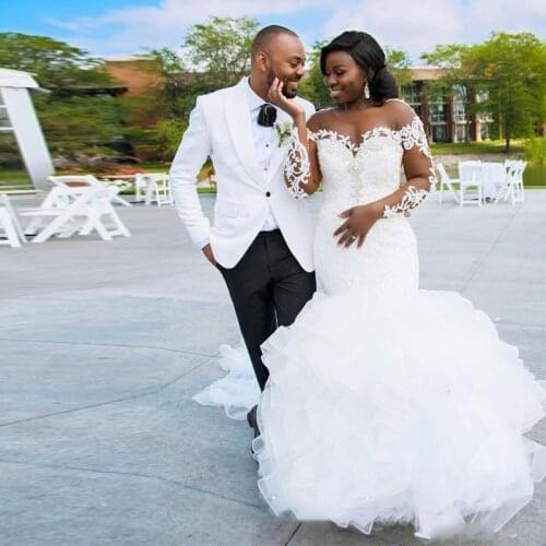 Graceful White Tiered Skirts Mermaid Wedding Dresses O Neck Long Sleeve Appliques Crystal Country Wedding Gown Vestido De Noiva