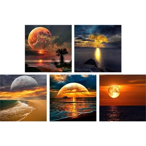Yumeart 5D Diamond Embroidery Sunset Diamond Mosaic Moon Painting 5D Rhinestones Full Square Scenic Cross Stitch Wall Art Crafts