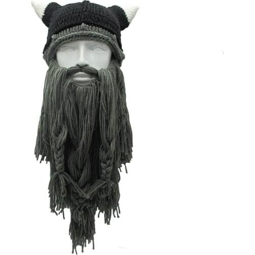 Funny Men Vikings Beanies Knit Hats Beard Ox Horn Handmade Knitted Mens Winter Hats Warm Caps Women Gift Party Mask Cosplay Cap