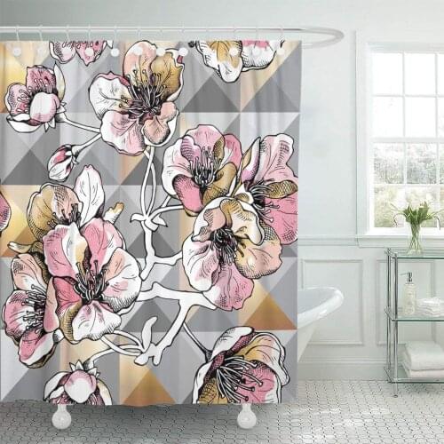 Beige Pink and Gold Flowers Cherry on Gray Geometric Shower Curtain Waterproof Polyester Fabric 72 x 78 Inches Set with Hooks