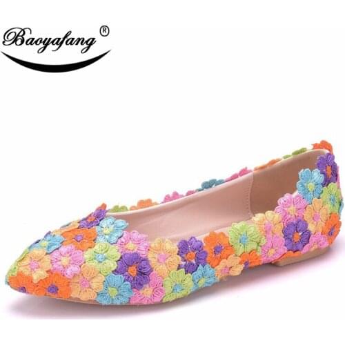 Bao Ya Fang Womens Brides color wedding shoes Bridesmaid Dresses Flat-soled Shoes Fashion lace shoes Sweet Banquet Shoes