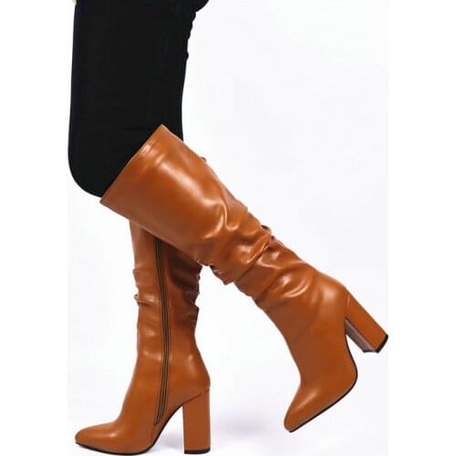The New Dark Green Orange Black Fashion Folds Ladies Knee Boots Loose High Heels Autumn Winter Zipper Boots Womens Shoes