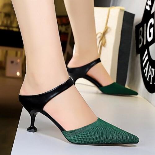2020 New Style Summer Women 6cm High Heels Mules Shales Slides Casual Green Kitten Low Heels Slippers Sexy Mesh Blue Red Shoes