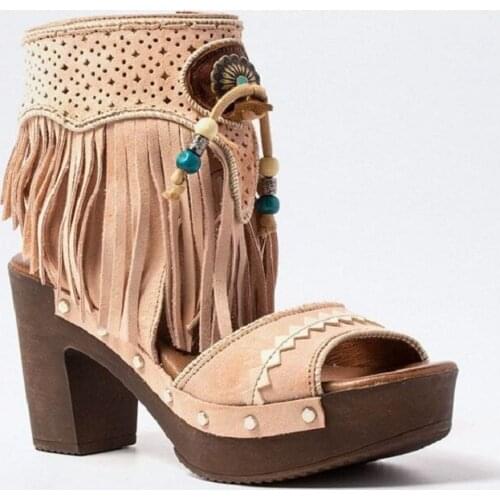 2021 summer womens European and American fish mouth heel thick tassel large size womens shoes