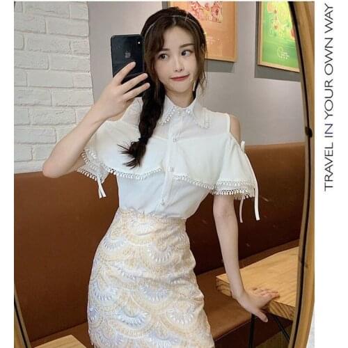 Fashion Office Lady Two-piece Suit 2021 New Strapless Chiffon Shirt Top and Mini Skirt Suits Two Piece Sets Womens Outfits Y486