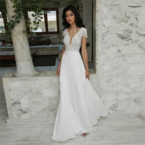 Applique Chiffon Beach Wedding Dresses 2020 Boho Short Sleeves V-neck Deliate Lace Bridal Dress Cheap Bride Gowns Robe De Mariee