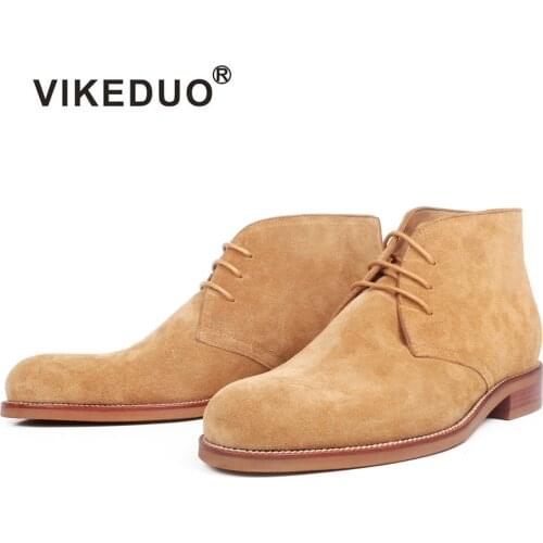 VIKEDUO Autumn Genuine Cow Suede Mens Boots Solid Brown Bespoke Flat Leather Ankle Boots For Men Wedding Casual Military Shoes