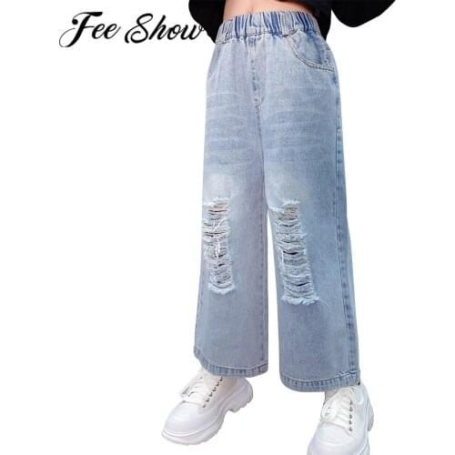 Girls Pants 2021 Autumn Ripped Jeans For Teenage Girls Kids Casual Loose Denim Wide Leg Pants Children Trousers Streetwear