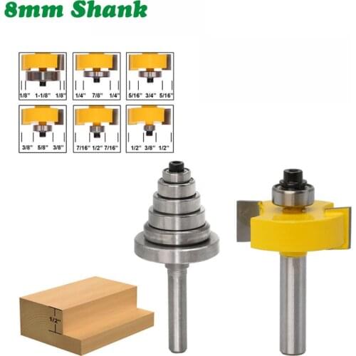 2PC/Set 8MM Shank Milling Cutter Wood Carving Rabbet Router Bit with 6 Adjustable Bearings Tenon Milling Cutter Cemented Carbide
