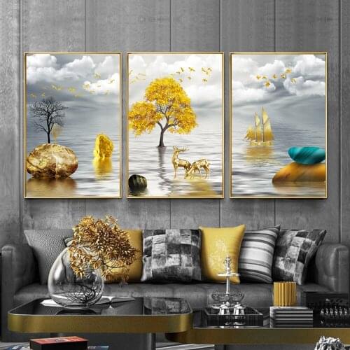 Wall art aesthetic Nordic golden tree deer Canvas poster Golden deer for living room decor wall picture Minimalist Art