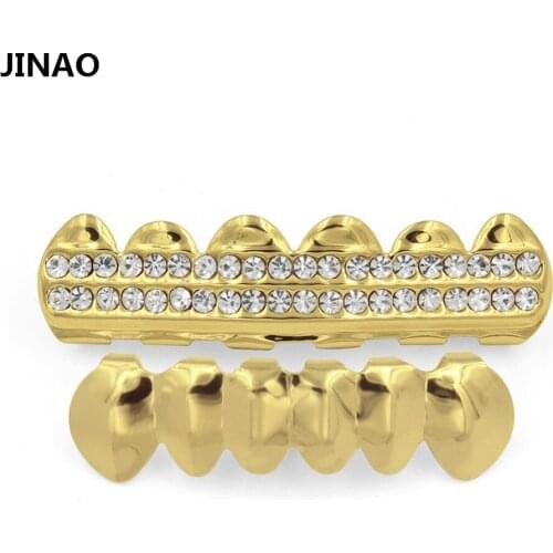JINAO Pure Gold Color Plated 2 ROWS ICED OUT CZ Teeth GRILLZ Top & Classic Bottom Tooth Caps Hip Hop Bling NEW Gold Grills Sets
