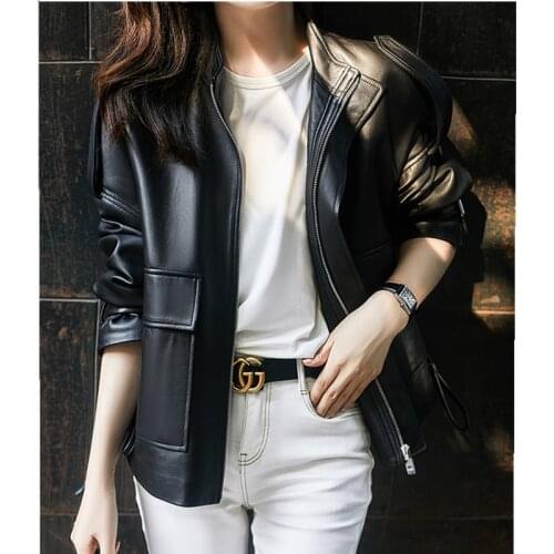 New Coat Sheepskin Womens Spring Autumn Genuine Leather Loose Jackets Soft Sheepskin Stand Collar Leather Coats Ladies Coats