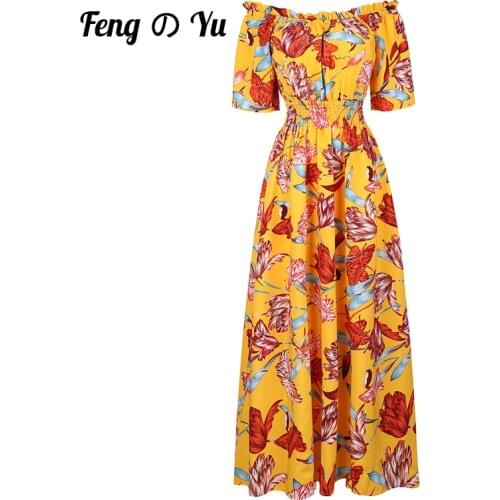 Retro Print One-Line Neck Summer Beach Style Sweet Dress Summer Sweet Ruffled Casual Off-Shoulder Floral Party Dress Orange
