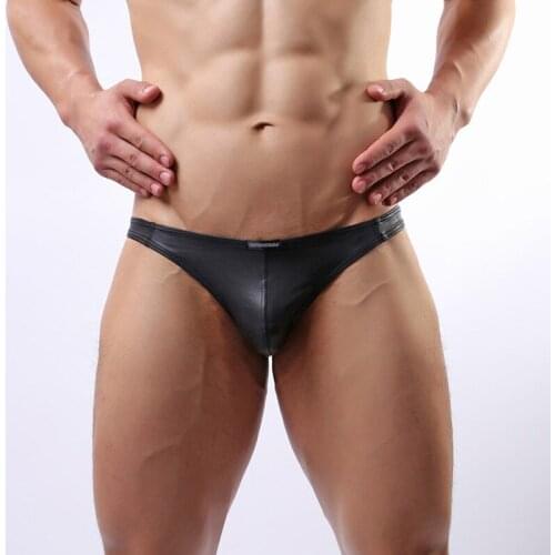 Men Sexy Lingerie Briefs Male Erotic Black PU Leather Soft Underwear Bulge Penis Pouch Underpants Homme Nightwear