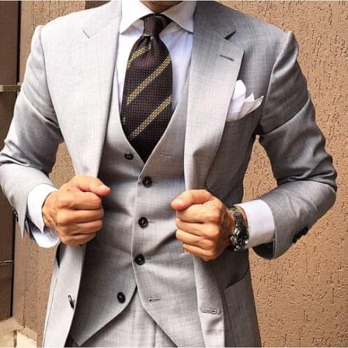 Latest Coat Pant Designs Light Grey Men Suit Slim Fit Skinny 3 Piece Casual Tuxedo Custom Groom Simple Blazer Terno Masculino JJ