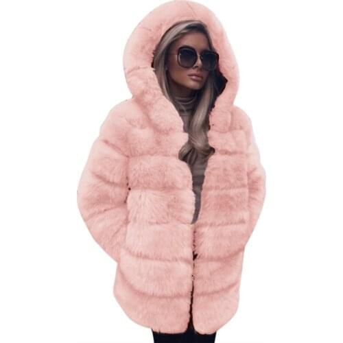 Faux Fur Coat Women Winter Hooded Fur Collar Covered Button Plush Jacket Women Fox Fur Thick Warm Fashion Women Fluffy Jacket