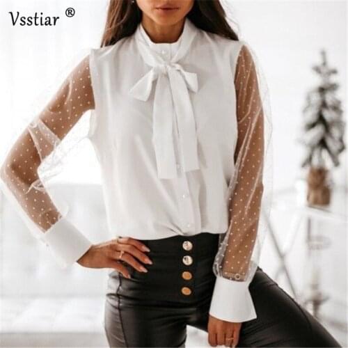 Sexy Party Women Blouse Shirts Long Sleeve Polka Dot Office Woman Tops Fashion Lace Patchwork Bow Ladies Blouses