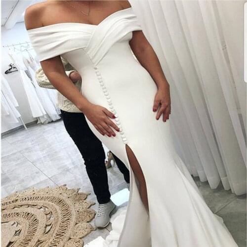 Simple White Satin Mermaid Wedding Dress 2021 Off Shoulder Side Slit Long Bridal Gowns Buttons Front Sexy Bride Formal Dresses