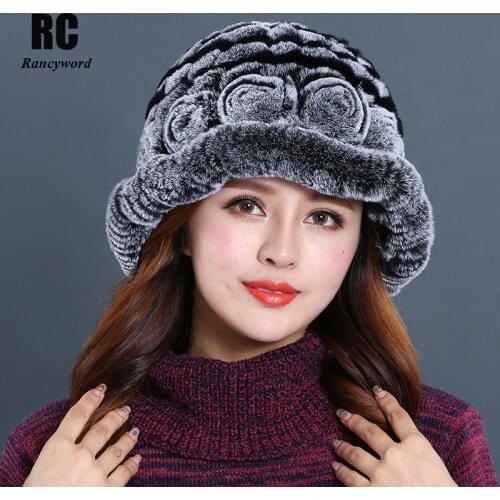[Rancyword] Real Rex Rabbit Fur Hats Womens Winter Beanie Female Knitted Elegant Beanies Flowers Paisley Real Fur Caps RC1302-1