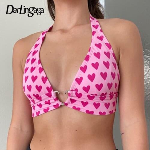 Darlingaga Sweet V Neck Heart Printed Pink Halter Top Camis Fashion Ring Lace Up Sexy Tops Female Backless Crop Top Bra Clothes