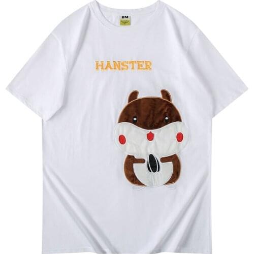 Street MenS Casual T-Shirt Summer Loose Oversized T shirt Hamster Embroidery Velvet Cartoon Couple Hot-Selling Cotton Tees Top