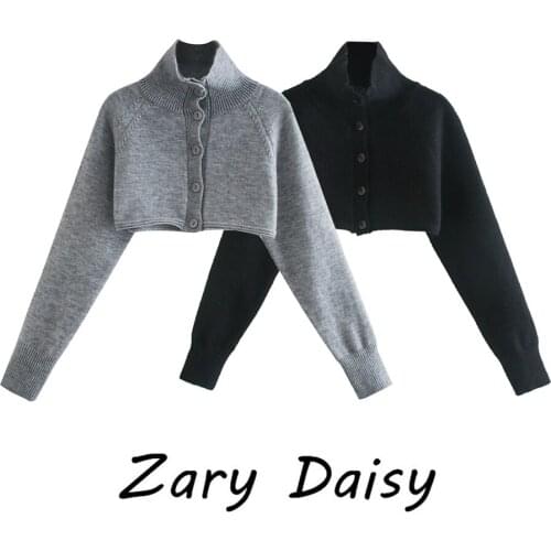 Zary Daisy early spring new European and American personality design, super short button decoration, high collar and knitted swe