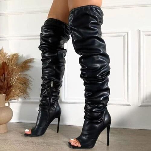 Fashion Pleated Designed Women Square Peep Toe Boots Side Zip Thin High Heel Over Knee High Boots Big Size 43