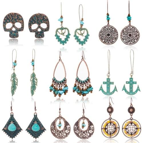 New bohemian vintage geometry round leaf leaves skull swallows flower natural stone beads drop earrings for women tassel jewelry