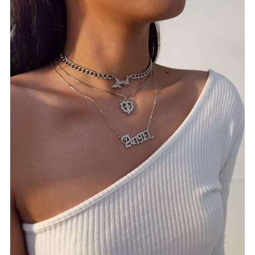 Punk Gold Color Female Women Necklaces Set Retro Angel Letter Cross Butterfly Pendant Clavicle Necklace Birthday Party Jewelry