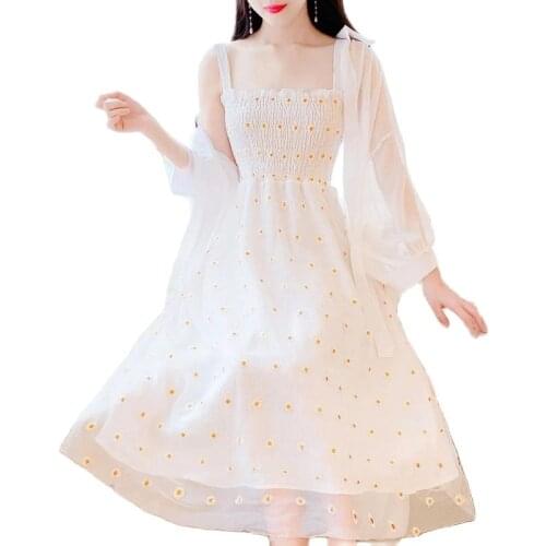 Suit Summer Cover Belly Skirts Womens 2021 New Slim Little Daisy Strap Dress+ Sunscreen Chiffon Shawl Two Piece Set Women