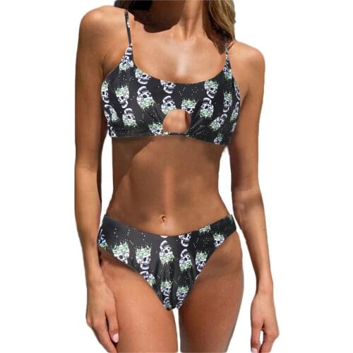 Women Split High Waist Bikini Swimsuit Set Skull Print Hollow Out Swimwear Padded Bikini + Elastic Waist Panties Swim Suit