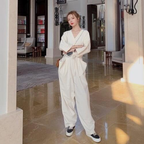 Women Long Sleeve V-neck Loose Jumpsuit Solid Color Wide Leg One Piece Pants Female Elegant High Waist Bandage Overalls Romper