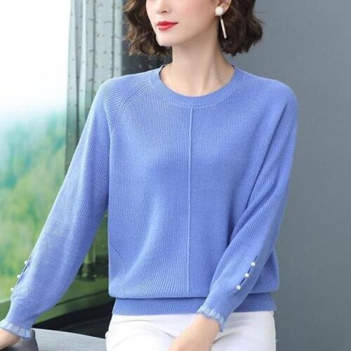 O-Neck Loose Beading Solid Knitted Pullovers Women Elegant Long Sleeve Knitwear Tops Plus Size M-5XL Casual Spring Sweaters
