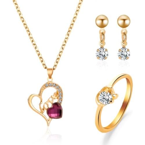 Hollow Heart Shape Bling Starry Clear Crystal Golden Alloy Delicate Dangle Earrings Necklace Ring Jewelry Sets For Women