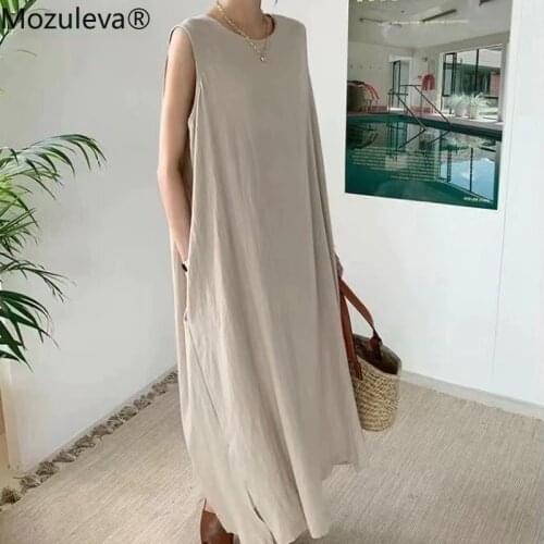 Mozuleva Women Casual Sleeveless O-neck Solid Long Dress 2021 Female Summer Simple Loose Cotton Lining Vest Dress Lady Vestidos