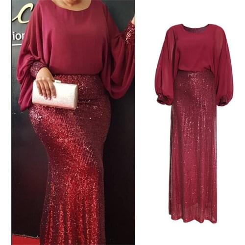 Sequin African Women Evening Dress Plus Size Dashiki Bazin Traditional Vestido Long Sleeve Elegant Robe Chiffon Bodycon Dresses