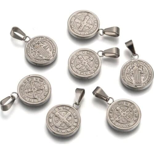 10pcs Fashionable 304 Stainless Steel Pendants Charms Flat Round with San Benito Stainless Steel Color 19x16x2.5mm Hole: 3x7mm