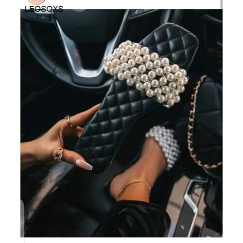 2021 Fashion Flat Shoes Sandals Summer Solid Color Sandals Pearl Womens Slippers Rhinestone All-Match Casual Slippers