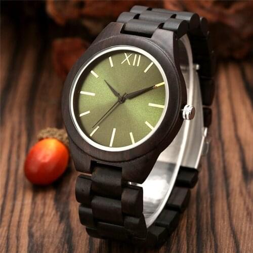 Handmade Full Black Sandalwood Watch Men Sport Quartz Analog Wristwatch Green Dial Full Bamboo Bracelet Strap Relgio de Pulso