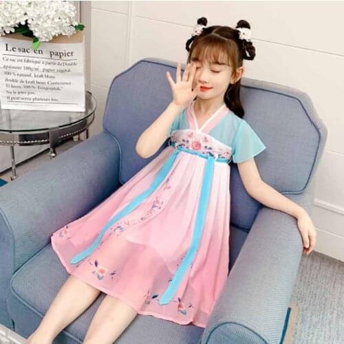 Cultiseed Big Girls Summer Chinese Style Embroidered Floral Color Patchwork Hanfu Mesh Princess Party Dress Children Kids Gowns