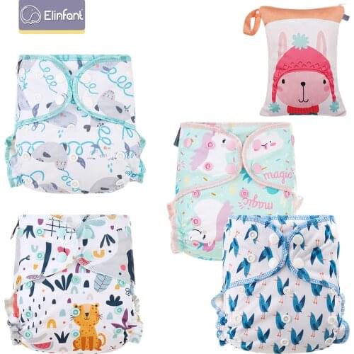 Elinfant 4pcs Heavy Wetter Hybrid AIO/AI2 Baby Cloth Diaper with 1 piece free Wet Bag fraldas ecológicas