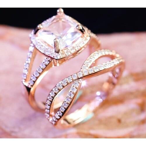 Noble Rose Gold Zircon Cut Engagement Rings For Women Wedding Crystal Ring Set Love Ring Luxury Jewelry Wholesale O3D137