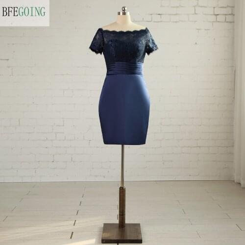 Lace Satin Short Sleeves Scoop Knee-Length Sheath Mother Of The Bride Dresses Wedding Party